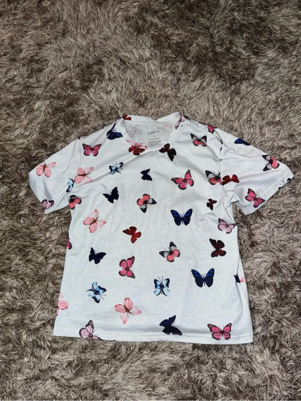 SHEIN White Short Sleeve Tee with Pink & Blue Butterfly Print